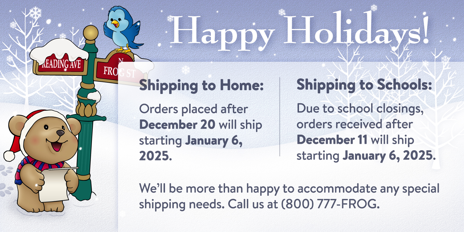 Holiday Shipping Schedule